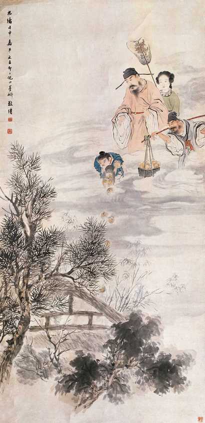 倪田 戊申(1908年) 财神送元宝 镜心